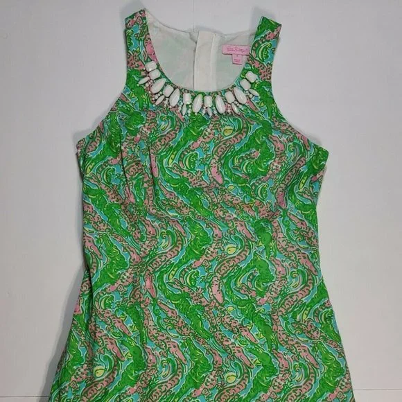 Lilly Pulitzer Green Pink Alligator Print Beaded Dress Size 4 Pink Label scallop - Picture 1 of 9